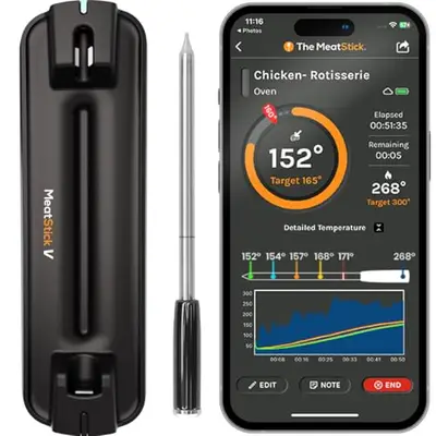 MeatStick V Prime Wireless Meat Thermometer, 1200°F Heat Resistance, Unlimited Range WiFi & Bluetooth, Smart Digital Probe for Grilling, Smoking, Sous Vide, BBQ, Air Fryer, Oven, Smoker