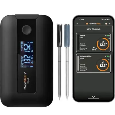 MeatStick V Duo Wireless Meat Thermometer with 2 Probes, WiFi & 900+ Ft Bluetooth, Smart Base LCD Display for Grill, Smoker, Oven, BBQ