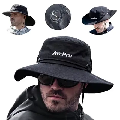 ARCPRO 2-in-1 Waterproof Fishing Hat with Removable Top, Breathable Sun Mesh Hat for Men Women, Adjustable Boonie Hat Full Face Protection Safari Hiking Hat for Rain or Shine Black