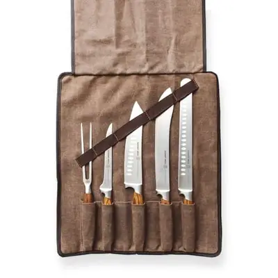 Zebra Wood 6-Piece BBQ Knife Set - Fully Forged Stainless Steel Grilling Utensils Including Brisket, Butcher, Chef's, Boning Knives, Carving Fork, Knife Carrying Roll