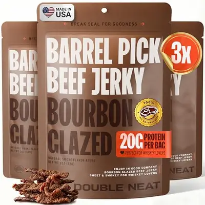 Double Neat Barrel Pick Bourbon Glazed Beef Jerky – Fathers Day Beef Jerky – Gluten Free Gourmet Stocking Stuffers Men – Whiskey Infused, Sweet, Smokey & Spicy, High Protein, Healthy Snacks – Low Sodium – Gourmet Beef Jerky Gifts for Men – 2 Ounces Each, Pack of 3