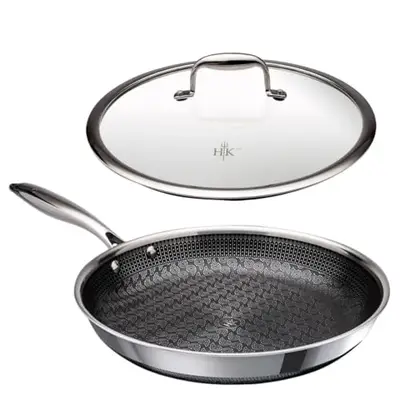 Hell's Kitchen 11 Inch Hybrid Fry Pan with Tempered Glass Lid, Triclad Stainless and Nonstick Ceramic, PFAS-Free, Stay Cool Handle, Oven Safe, Induction Ready, All Cooktops, Metal Utensil Safe