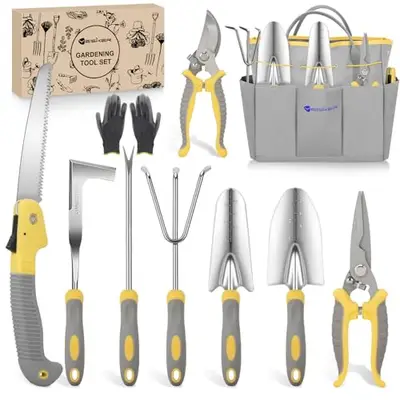 Yesker Gardening Tools 10-Piece Heavy Duty Garden Tool Set Gardening Supplies Gifts for Women Men Gardening Hand Tool Kit w Non-Slip Ergonomic Handle, Garden Bag, Durable Gloves, Pruning Shears, Gray