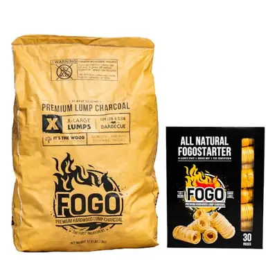 FOGO Premium Hardwood Lump Charcoal, Natural Large Sized Lump Charcoal, 17.6 Pound Bag and FOGO Fogostarters Natural Fire Starters, 30 Count Box, Bundle