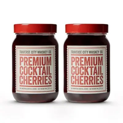 Traverse City Whiskey Co. Premium Cocktail Cherries (21.2oz/600g) Pack of 2 | Cocktails & Desserts | All American, Natural, Certified Kosher, Stemless, Slow-Cooked Garnish for Old Fashioned, Ice Cream Sundaes & More