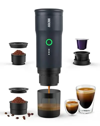 BREVOY Portable Electric Espresso Machine, Ground Coffee & Capsule, Self-Heating, 20 Bar 12V Mini Car Travel Coffee Maker with 9000mAh Battery-Ideal for Camping, RV, Hiking, Office